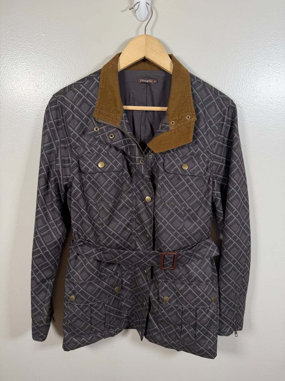 J. Mclaughlin Utility Barn Jacket Size Medium Gray Geometric Equestrian Nylon